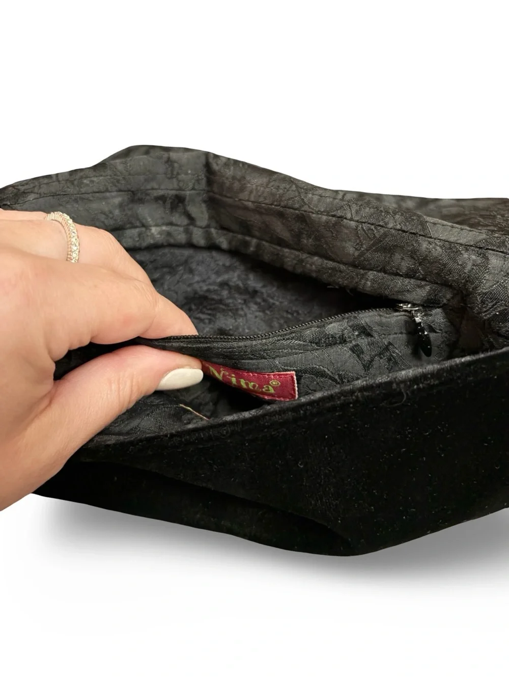 Ipa-Nima Black Beaded Peacock Clutch Evening Bag Embellished Velvet Handmade